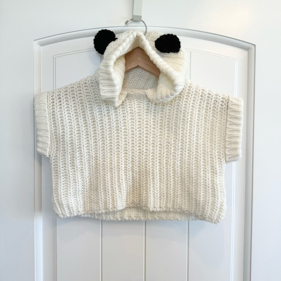 🌈 6/$60 Baby Zara Knitwear Short Sleeve Panda Hoodie Sweater Cream Black 9-12 - Picture 4 of 5